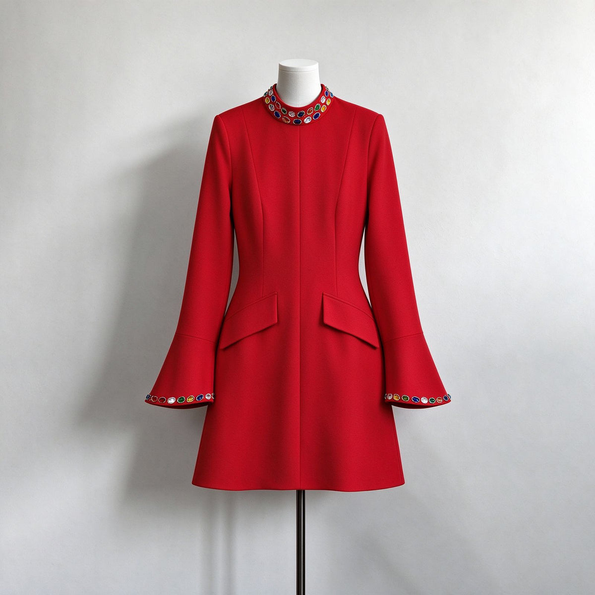 Jeweled Collar Flare Sleeve Blazer Dress
