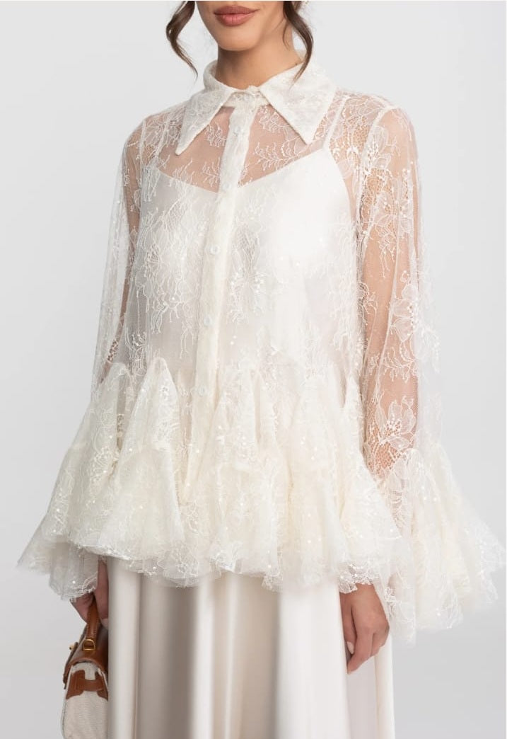 Sheer Lace Peplum Blouse With Ruffle Hem And Satin Maxi Skirt - Ivoire