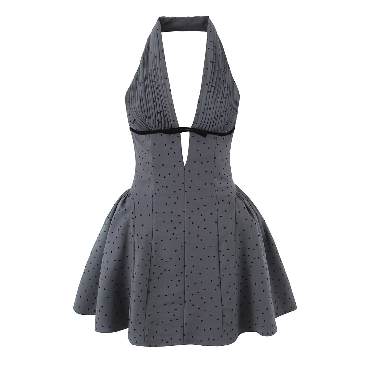 V-Neck Backless Halter Neck Cinched Waist Dress -Dots