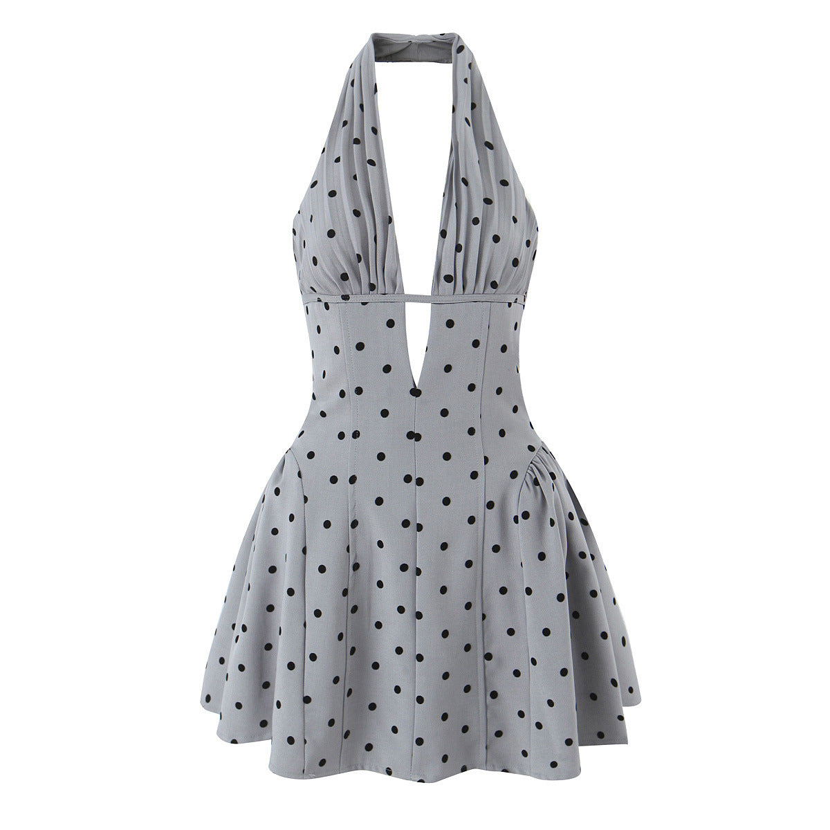 V-Neck Backless Halter Neck Cinched Waist Dress -Dots
