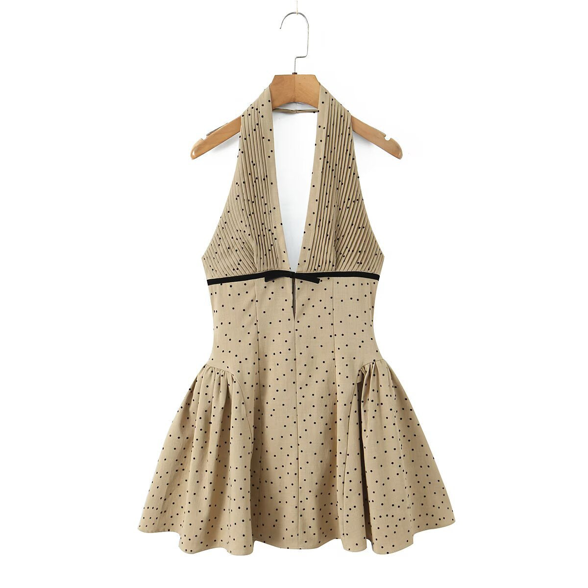 V-Neck Backless Halter Neck Cinched Waist Dress -Dots