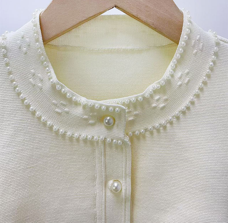 Pearl trimmed knit jacket + sleeveless long dress