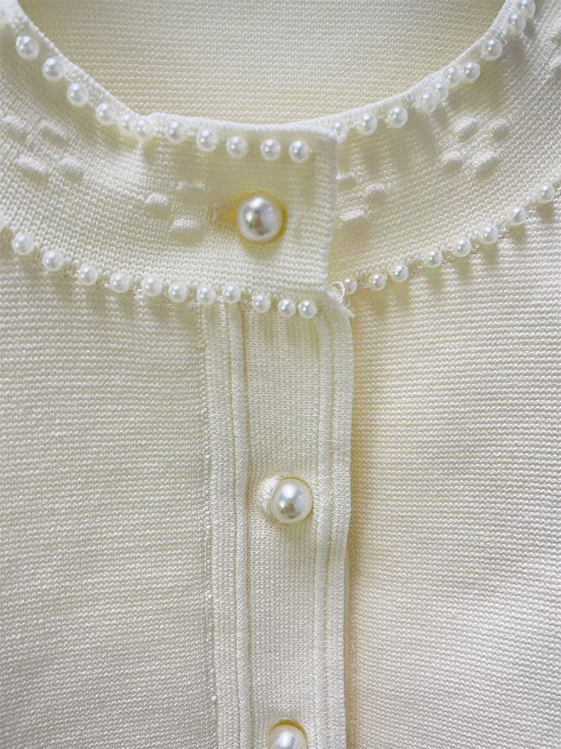 Pearl trimmed knit jacket + sleeveless long dress