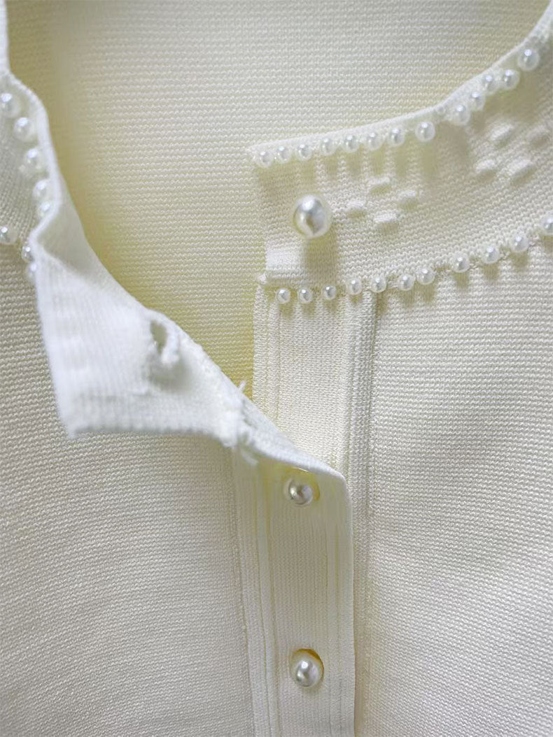 Pearl trimmed knit jacket + sleeveless long dress