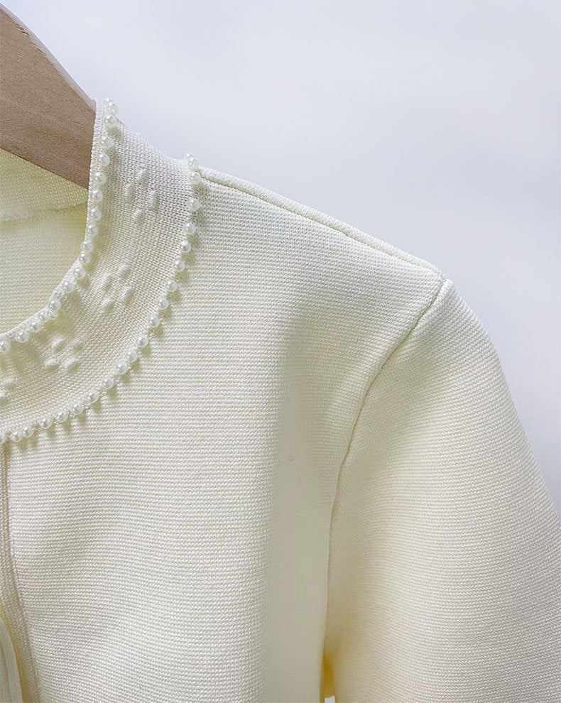 Pearl trimmed knit jacket + sleeveless long dress