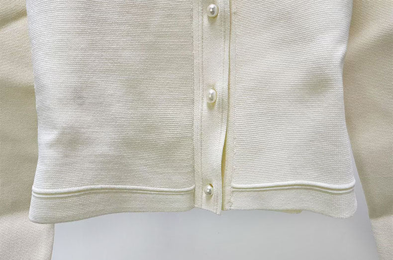 Pearl trimmed knit jacket + sleeveless long dress