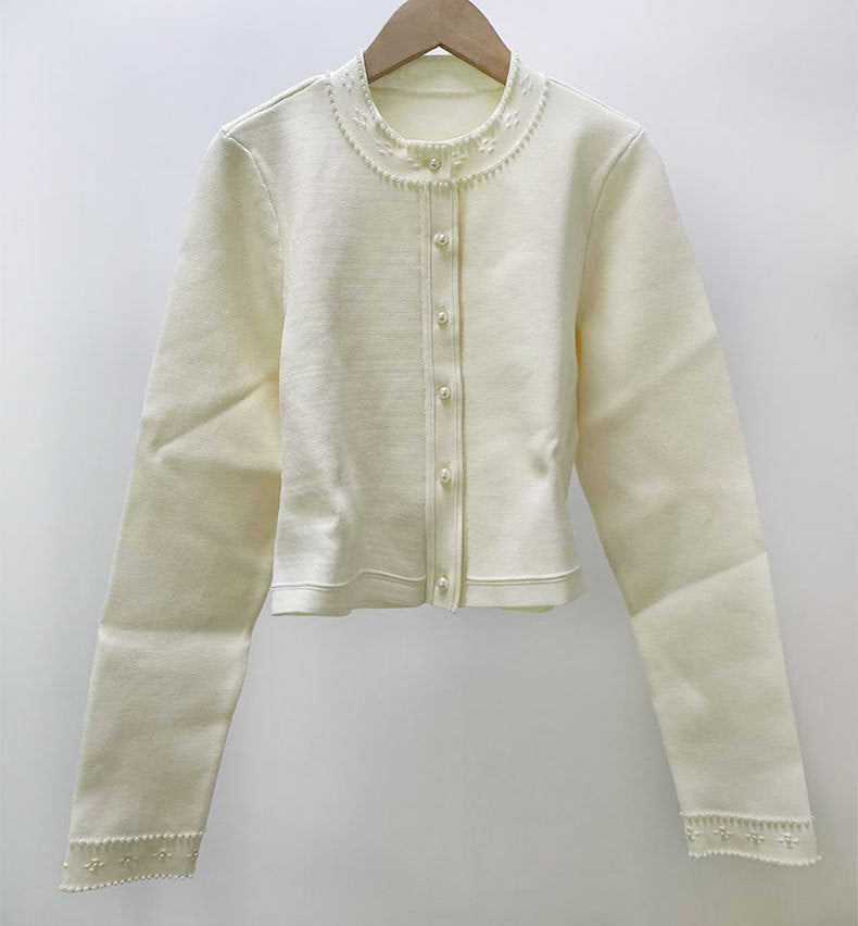 Pearl trimmed knit jacket + sleeveless long dress