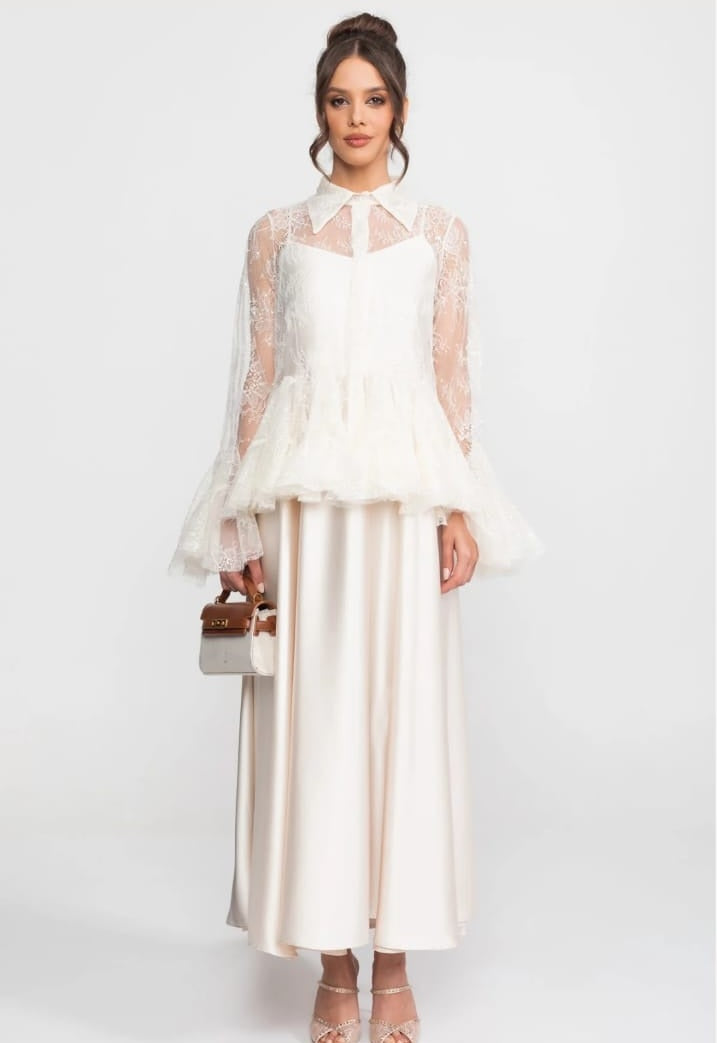 Sheer Lace Peplum Blouse With Ruffle Hem And Satin Maxi Skirt - Ivoire
