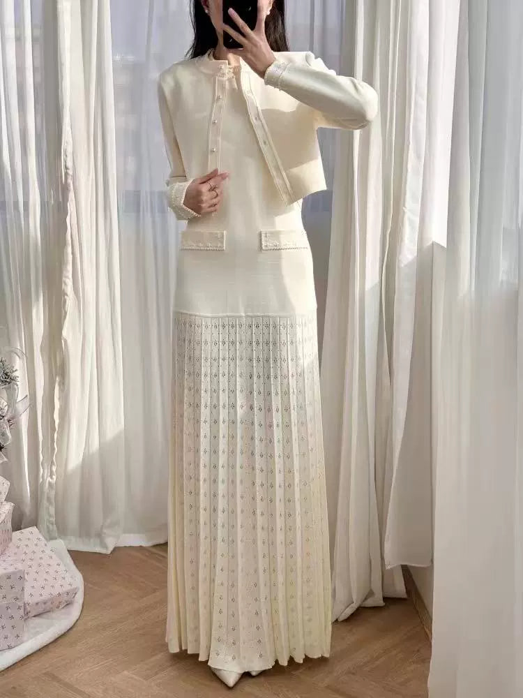 Pearl trimmed knit jacket + sleeveless long dress