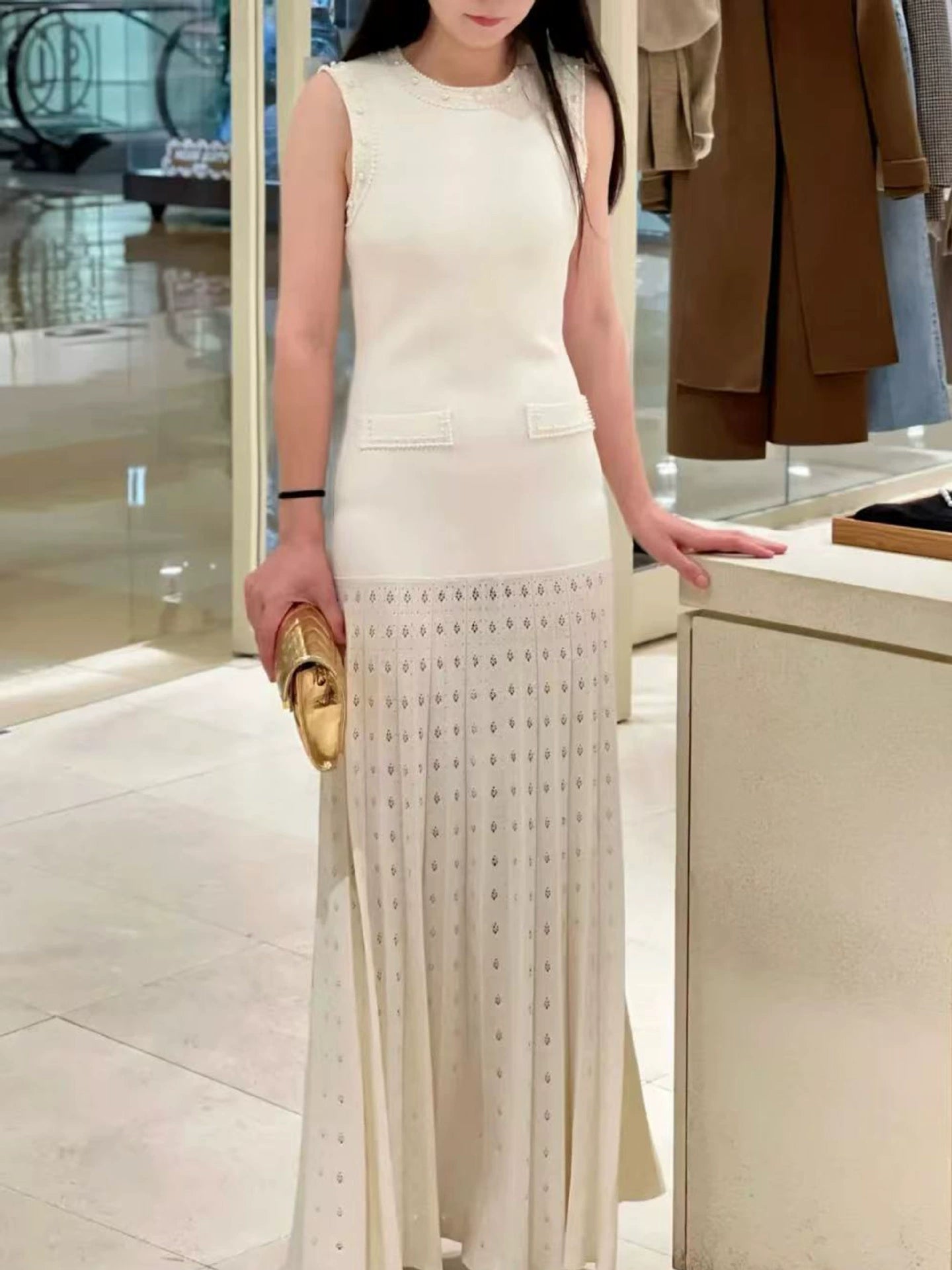 Pearl trimmed knit jacket + sleeveless long dress
