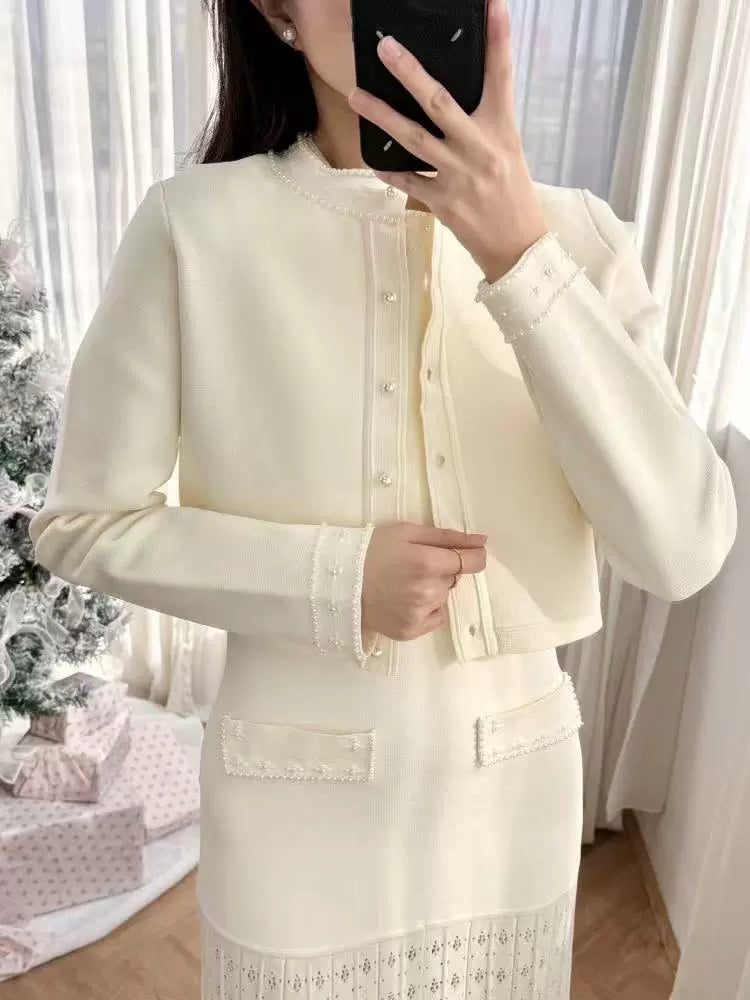 Pearl trimmed knit jacket + sleeveless long dress