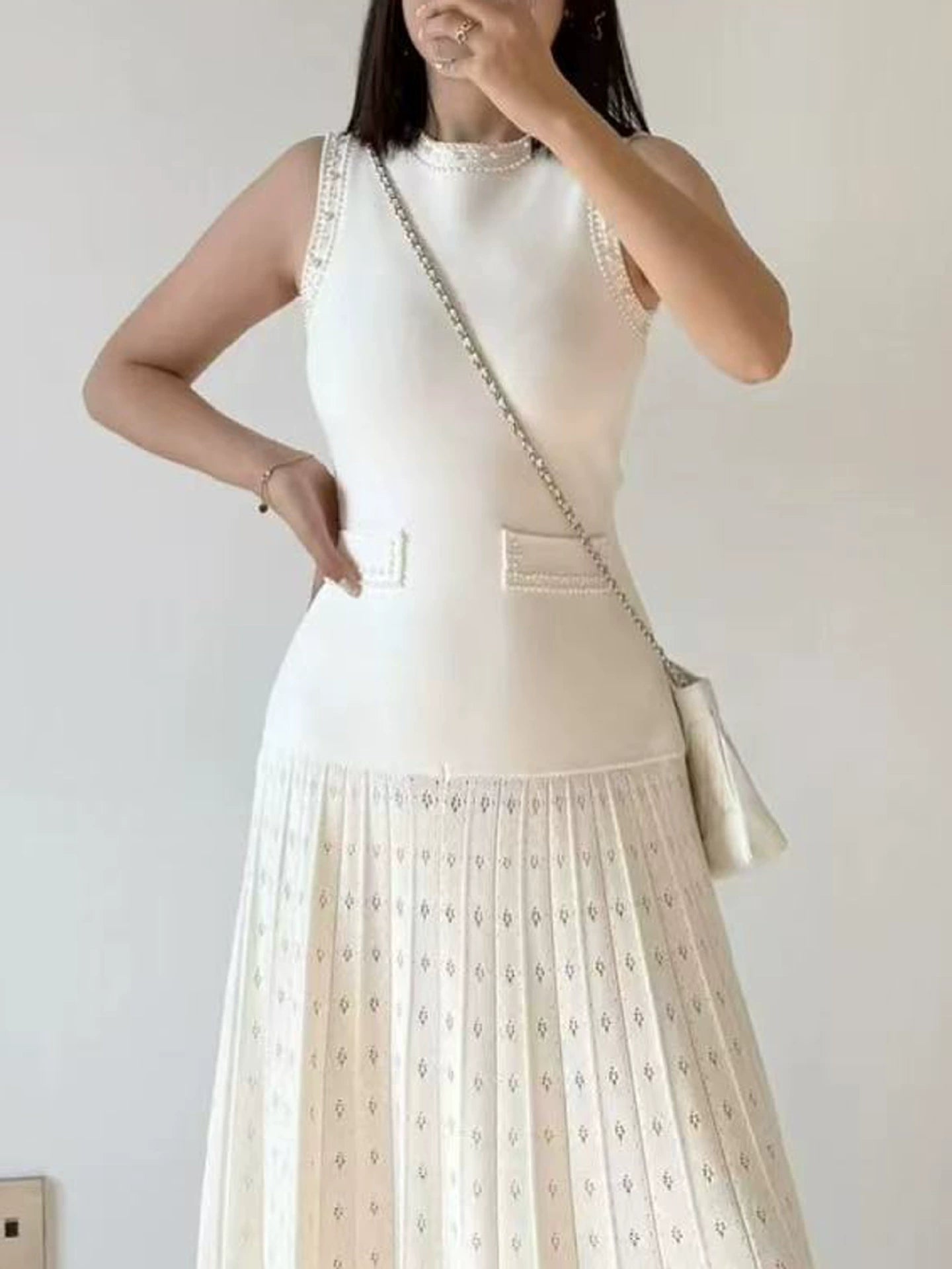 Pearl trimmed knit jacket + sleeveless long dress