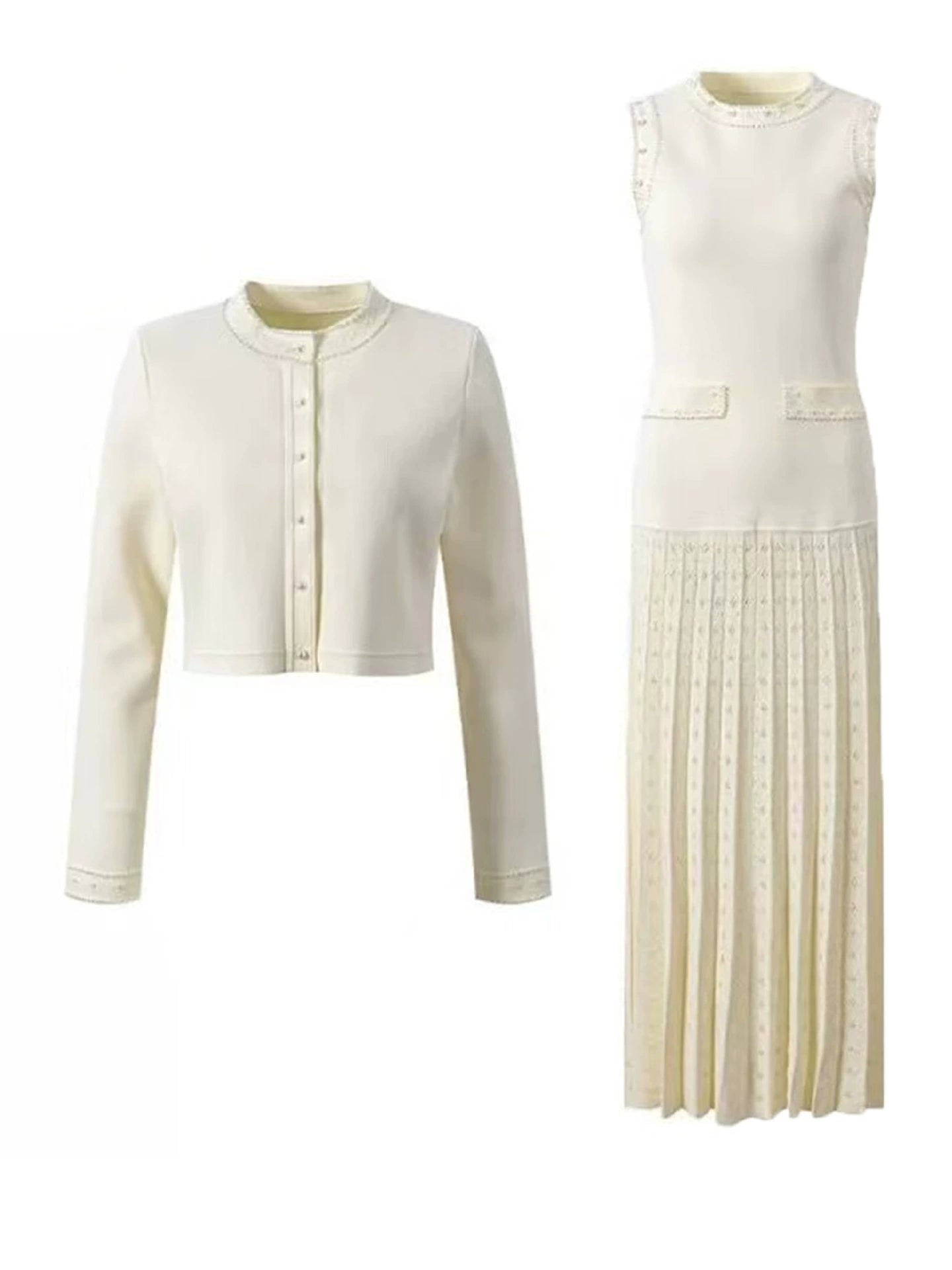 Pearl trimmed knit jacket + sleeveless long dress