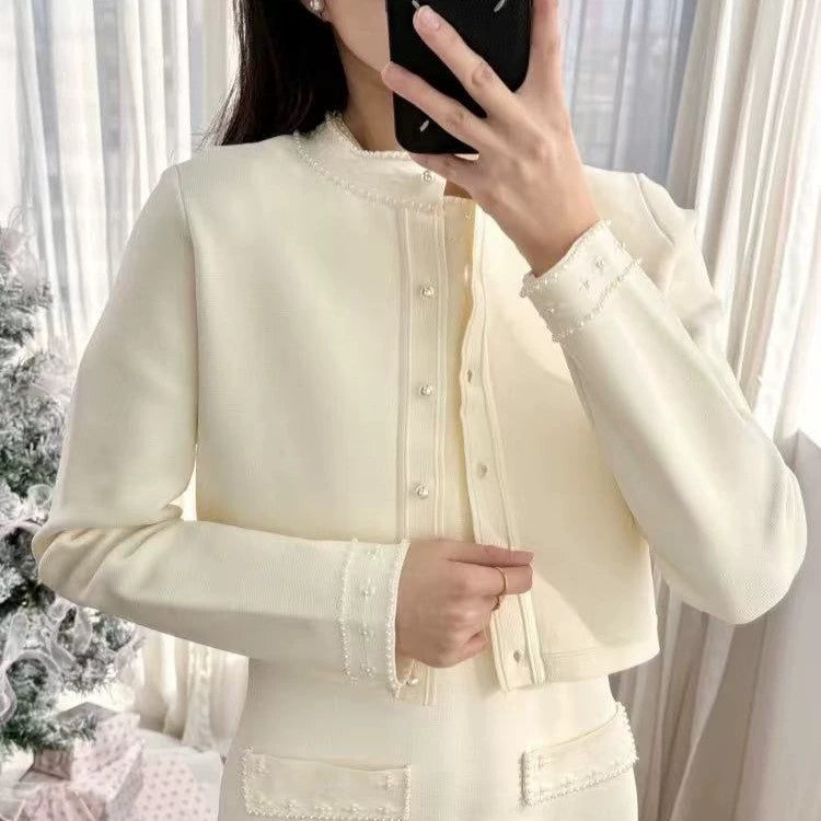 Pearl trimmed knit jacket + sleeveless long dress