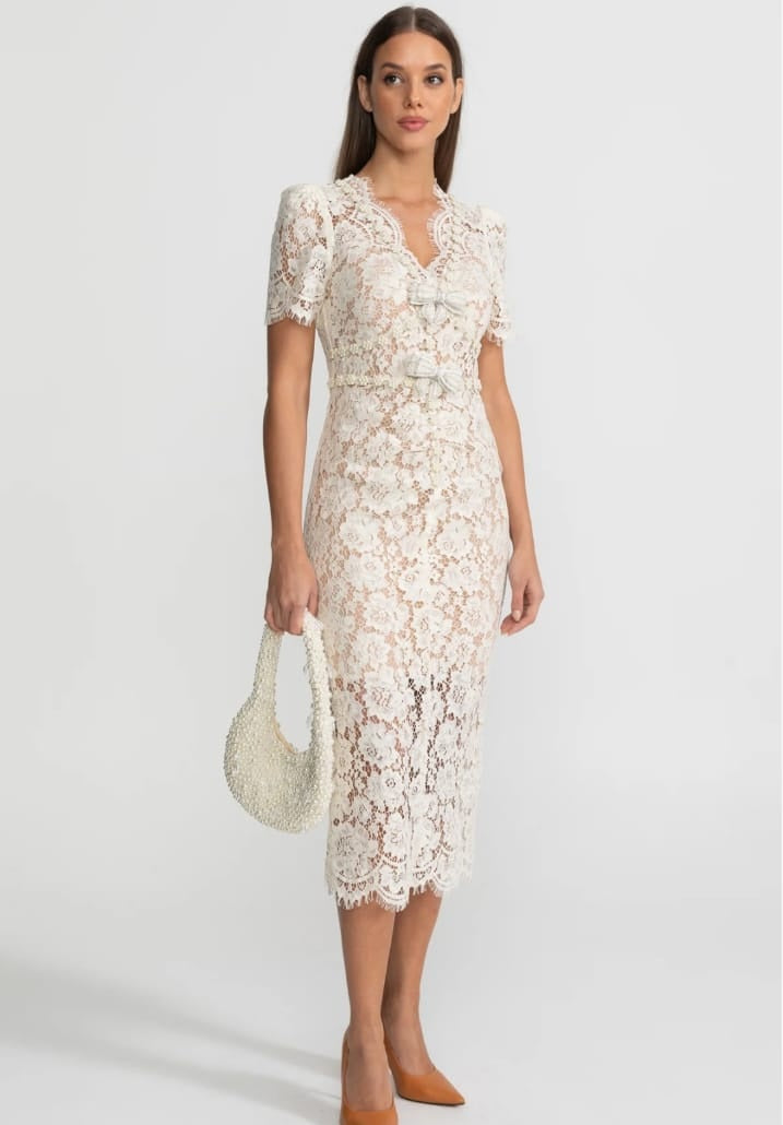 Embellished Lace Midi Dress With Bow Detailing – Ivoire