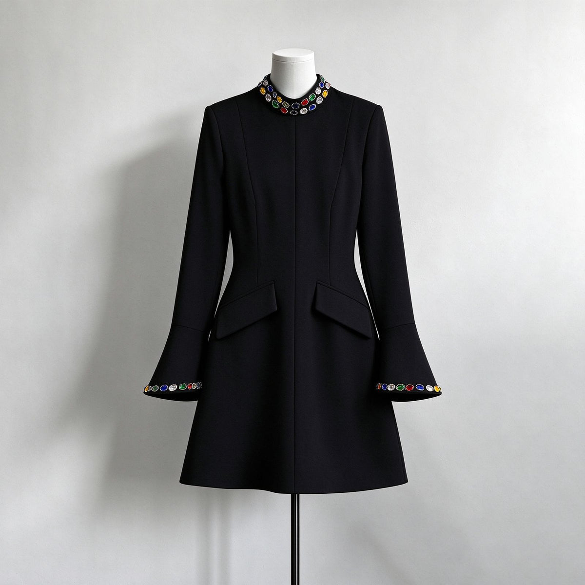 Jeweled Collar Flare Sleeve Blazer Dress