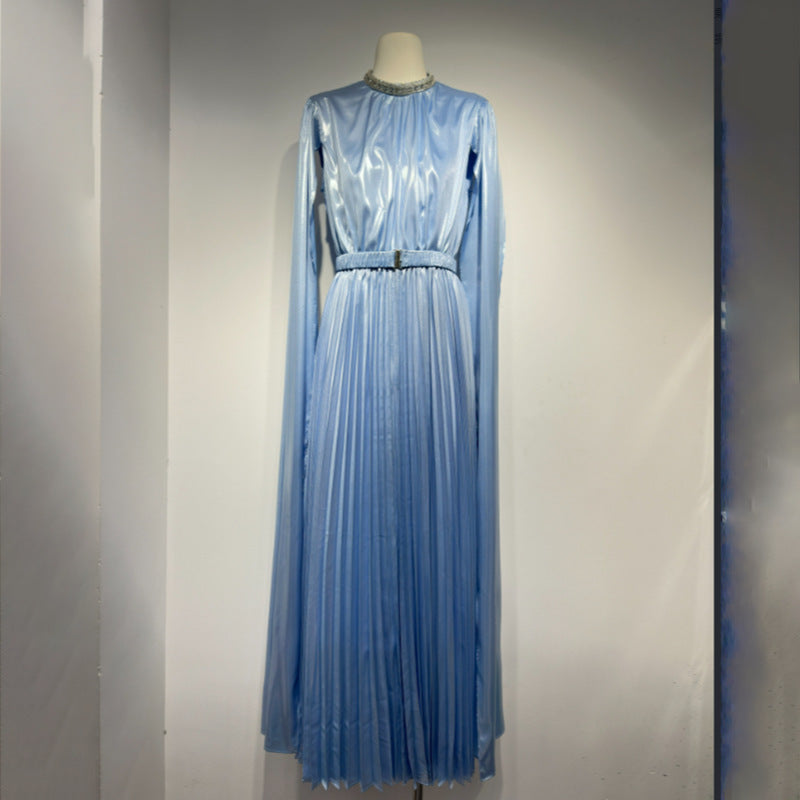 Champagne Pleated Cape Maxi Dress