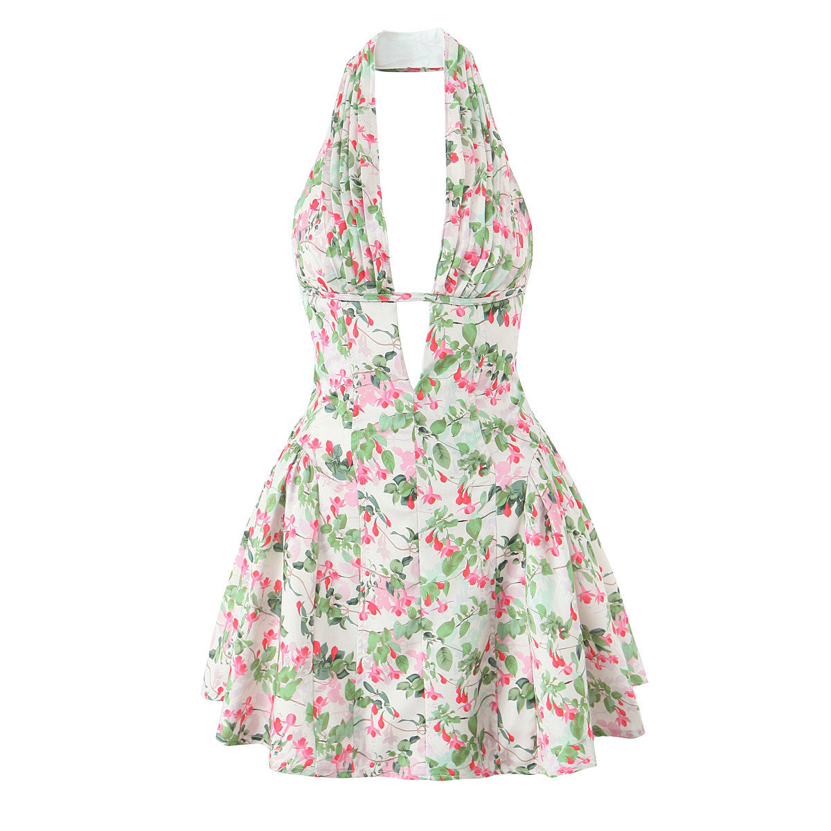 V-Neck Backless Halter Neck Cinched Waist Dress -Dots