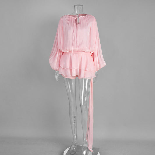 Sleeve lace-up short pink dress