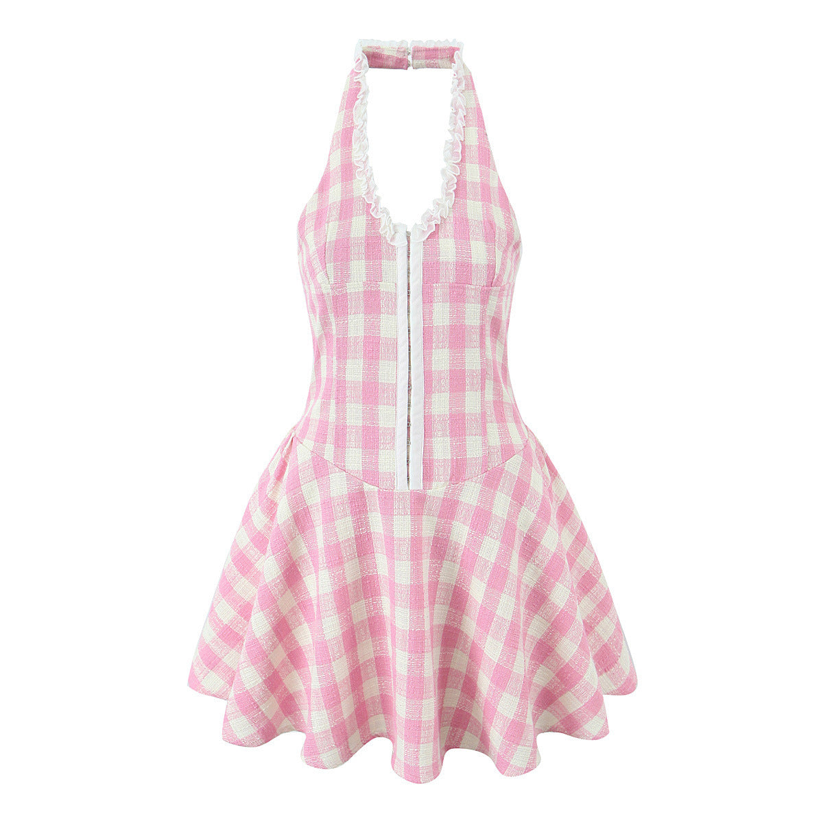 V-Neck Backless Halter Neck Cinched Waist Dress -Dots