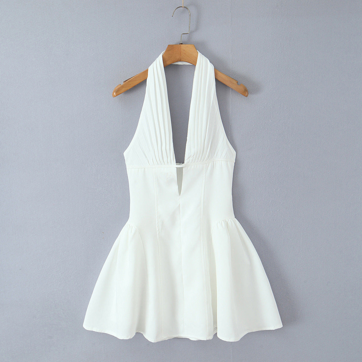 V-Neck Backless Halter Neck Cinched Waist Dress