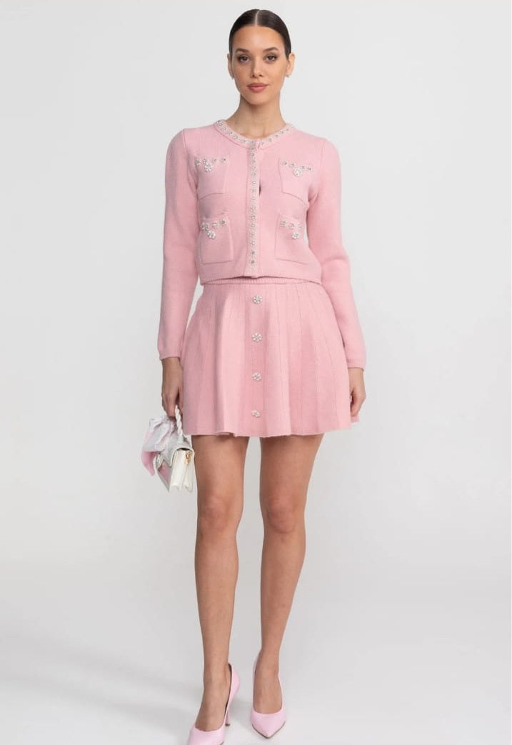 Knit Co-Ord Set With Long Sleeve Cardigan And Matching Mini Skirt - Blush Pink