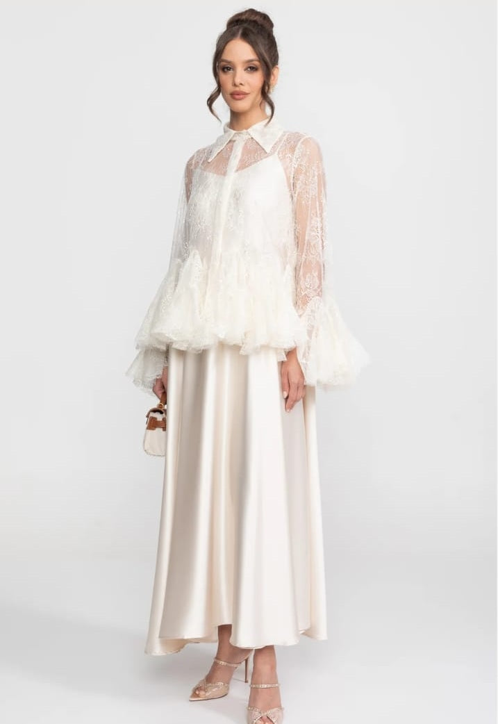 Sheer Lace Peplum Blouse With Ruffle Hem And Satin Maxi Skirt - Ivoire