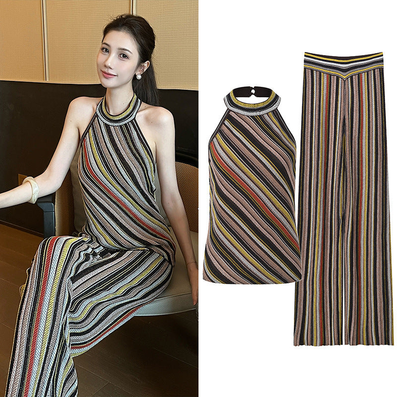Slim-Fit Halter Neck Backless Top and Wide-Leg Pants Set