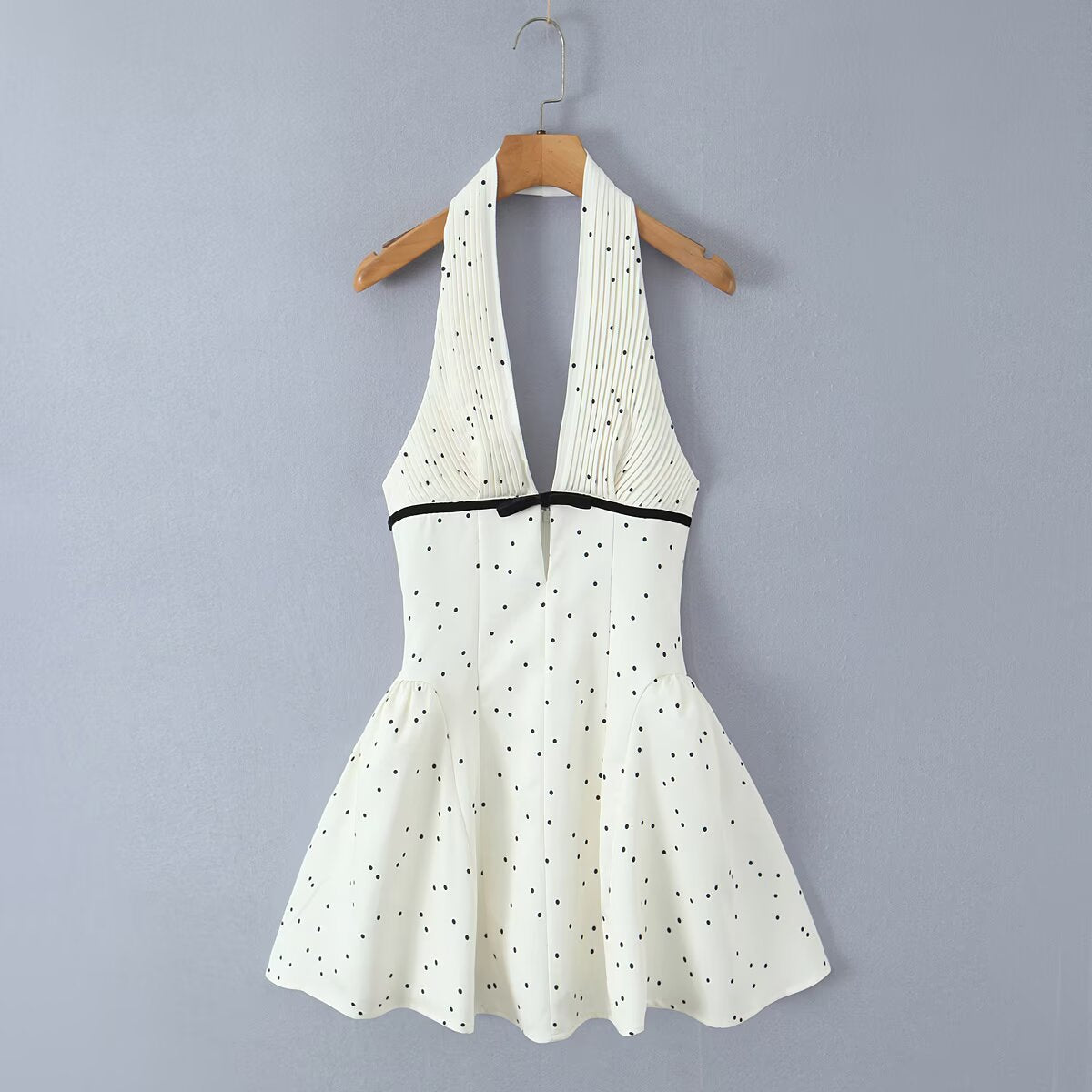V-Neck Backless Halter Neck Cinched Waist Dress -Dots