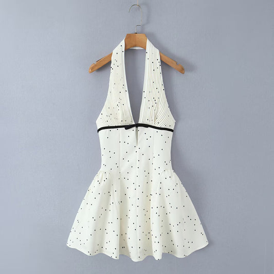 V-Neck Backless Halter Neck Cinched Waist Dress -Dots